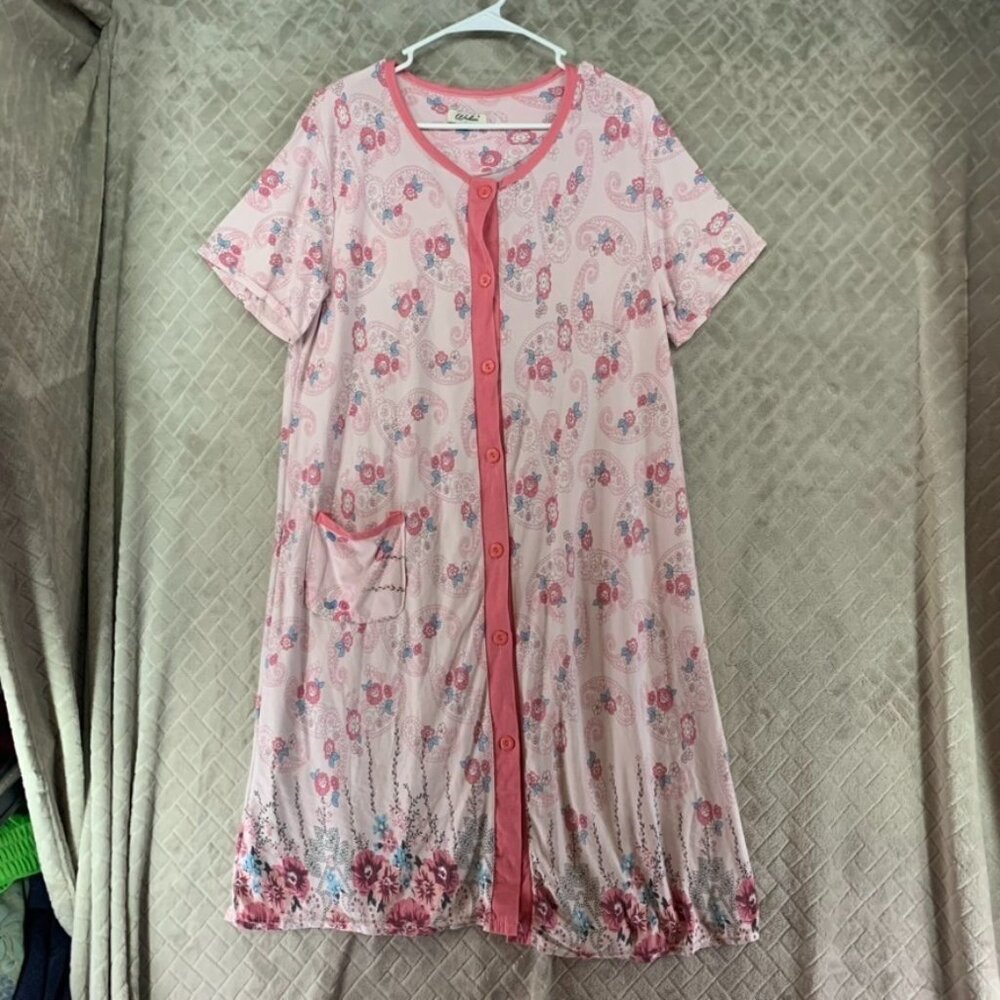 Wuhou Nightgown Womens L Pink Floral Button Up Short Sleeve House Dress